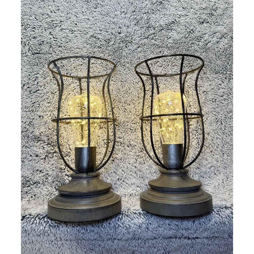 Set of 2 Battery Operated Industrial Lantern‎ Lamps Edison Fairy Light Bulbs